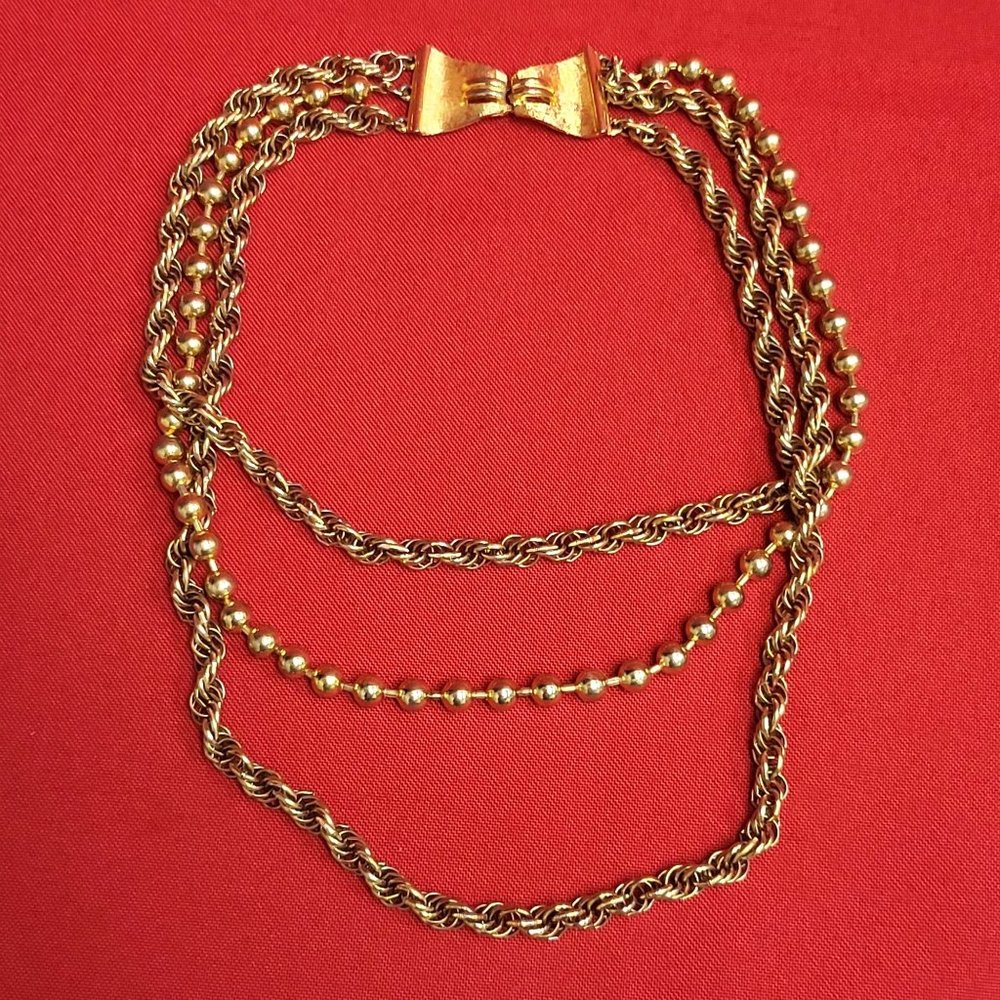 Vintage French Rope Chain and Bead Necklace Gold Plated 3 Layered